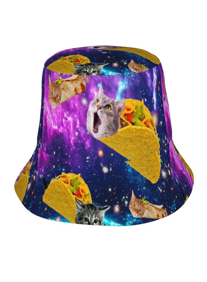 JIEKENMO Blue Purple Galaxy Cat Taco Bucket Hats Fashion Sun Cap Packable Outdoor Fisherman Hat for Women and Men - Image 1